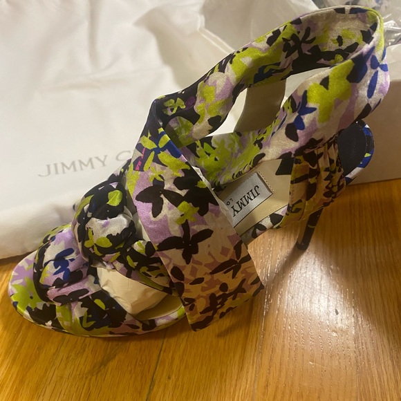 Jimmy Choo Multicolor Floral Print Satin Kris Knot Heels Size 37 - Picture 4 of 11